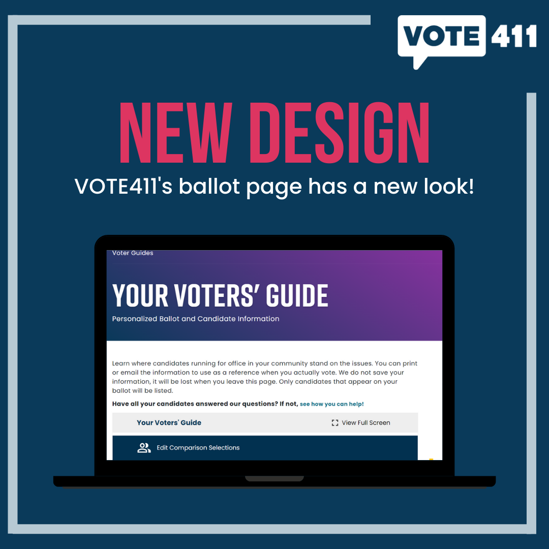The text: New design, above a computer showing a page from VOTE411.org