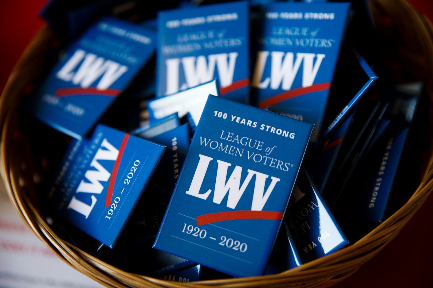 Blue rectangular button with the LWV logo and 100 years strong in text