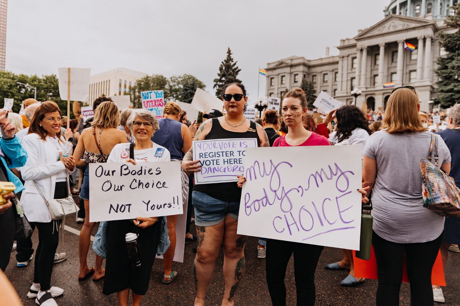 Women protesting in front of the Colorado state Capitol.