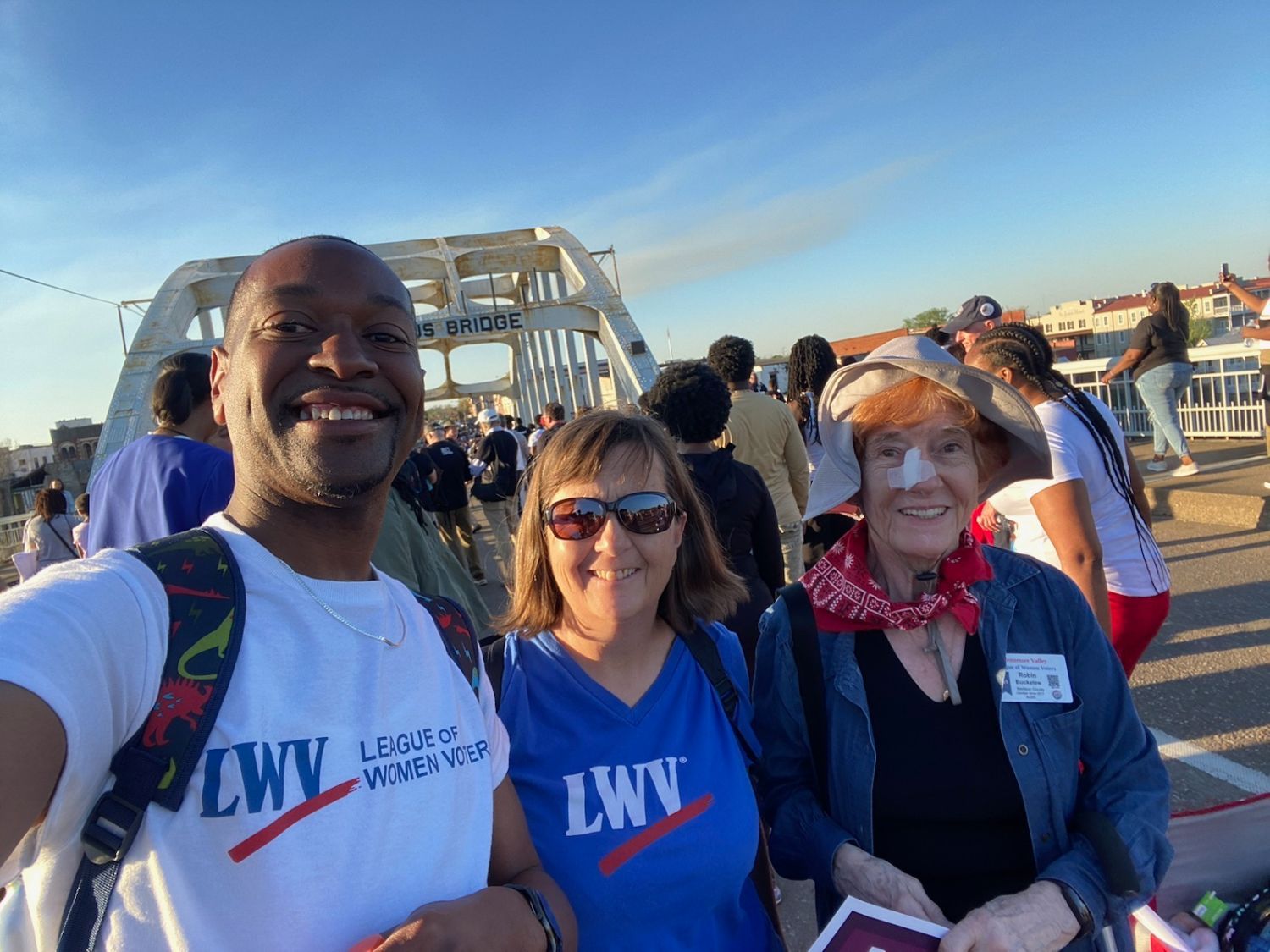 LWVUS staff and LWVAL leadership at the Edmund Pettus Bridge in Selma, AL.