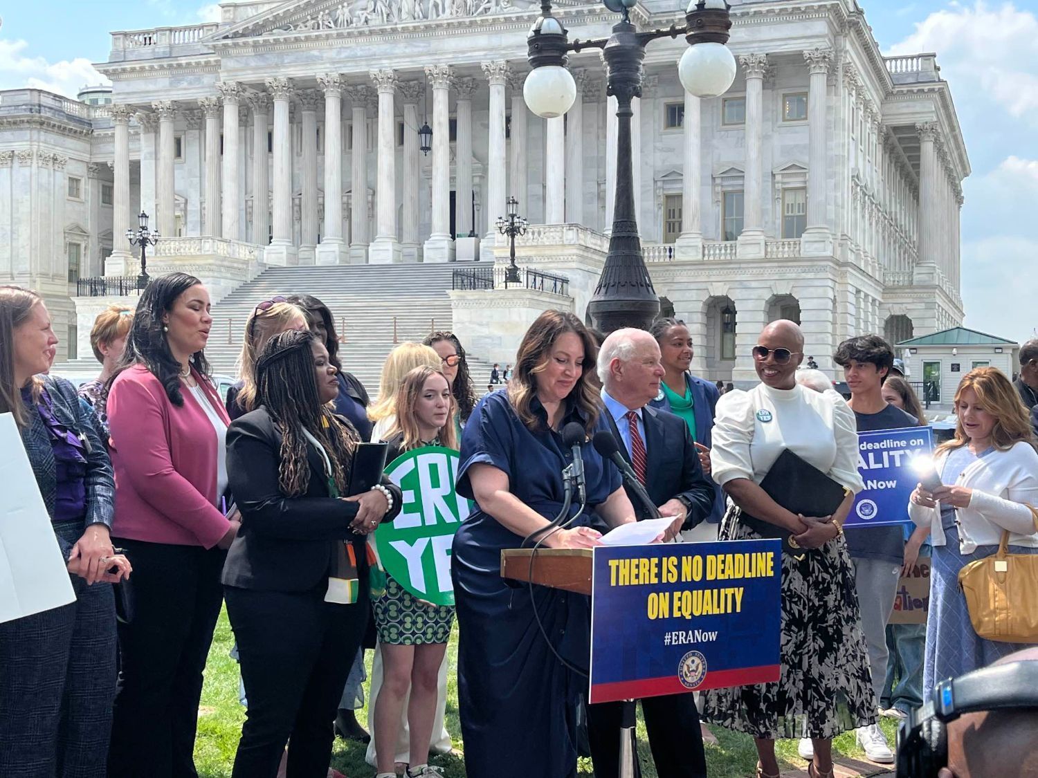 LWVUS CEO Virginia Kase Solomon in front of the US Capitol Building for a press conference on the ERA