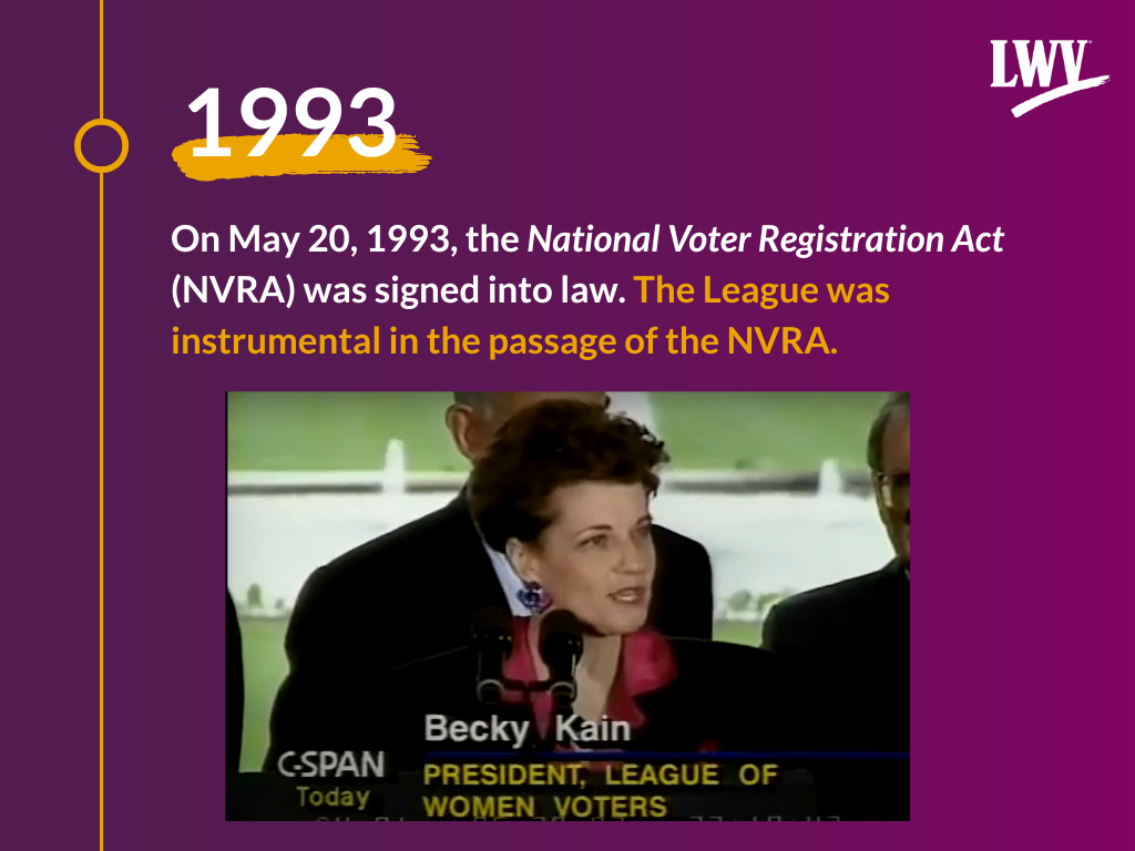 Screengrab from CSPAN Video. Becky Kain, president of LWVUS in 1993, speaking at the signing of the National Voter Registration Act.