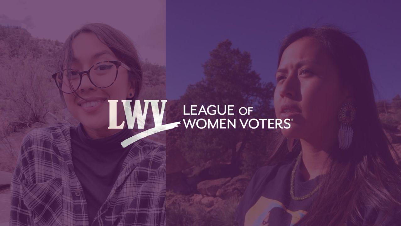 Two photographs of Naelyn Pike with a purple filter over them. White LWV logo in the middle.
